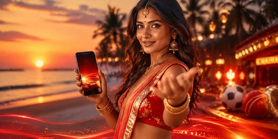 Goa beach with sports betting theme and red gold colors
