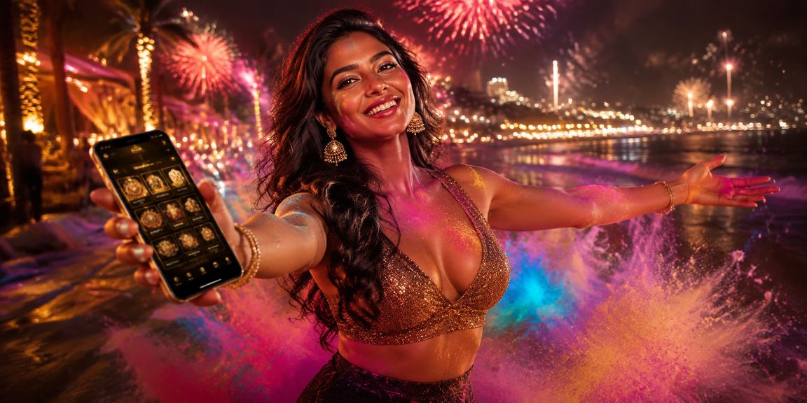 Joyful Holi festival gaming promotion with colorful celebrations